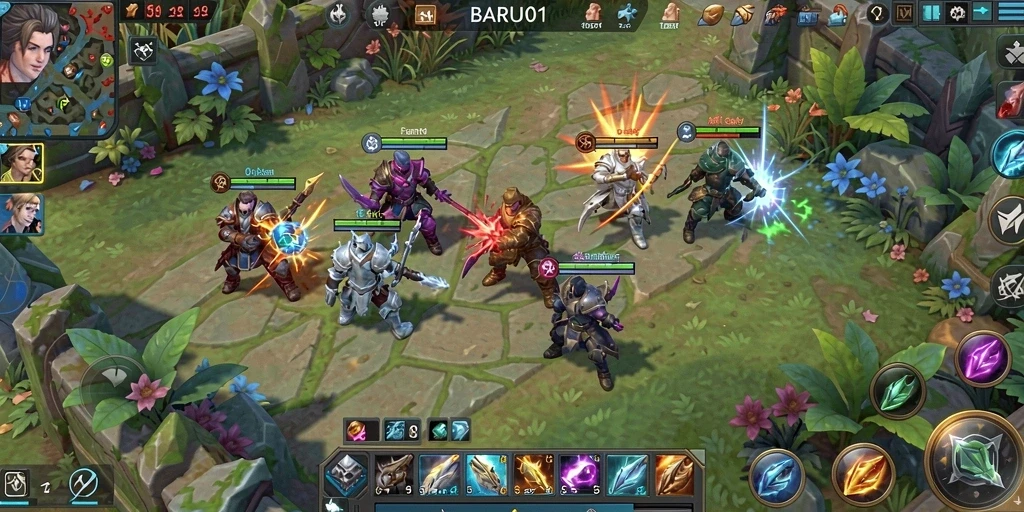 Tampilan seru gameplay BARU01 dalam pertempuran MOBA.