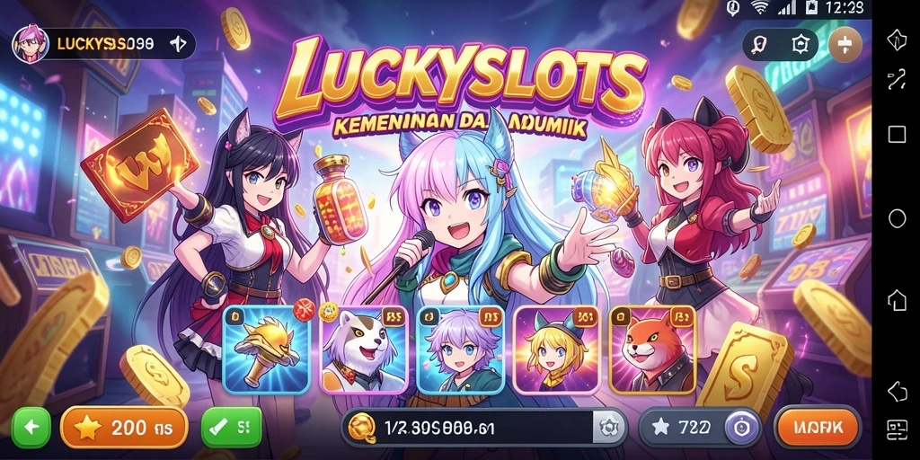 Tampilan gameplay menarik dari LUCKYSLOTS dengan karakter anime.