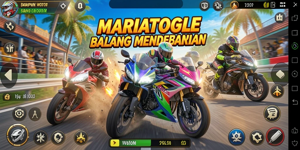 Screenshot gameplay MARIATOGEL yang menampilkan balapan motor yang intens.
