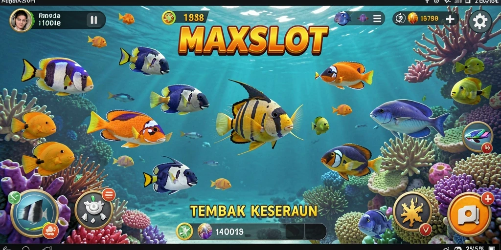 Tampilan gameplay seru di MAXSLOT yang menampilkan aksi menembak ikan.