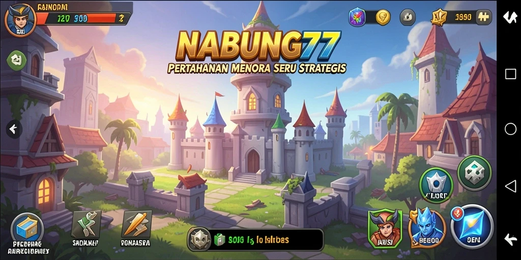 Tampilan gameplay <strong>NABUNG77</strong> dengan menara dan musuh yang dinamis.