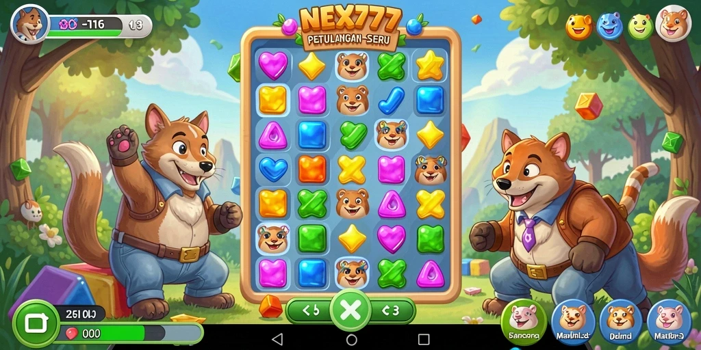 Tampilan gameplay NEX777 dengan grafis colorful dan tantangan Match-3.