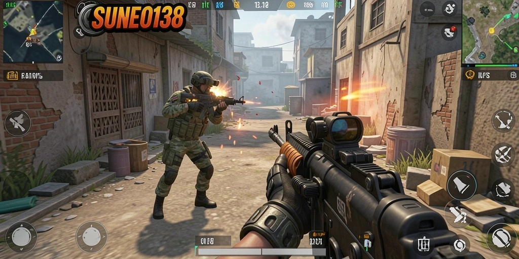 Tampilan gameplay menegangkan dalam SUNEO138 dengan aksi FPS yang nyata.