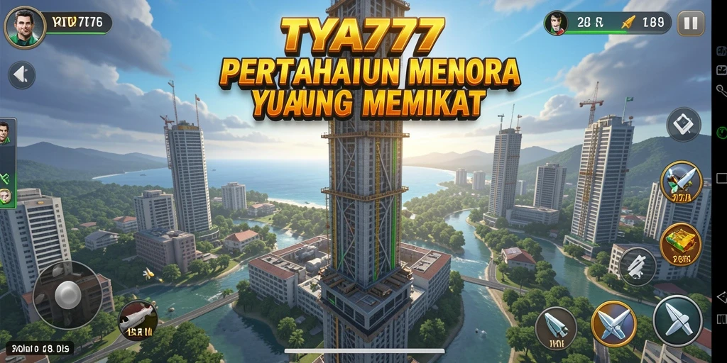 Screenshot gameplay TYA777 dengan menara dan musuh yang intens.