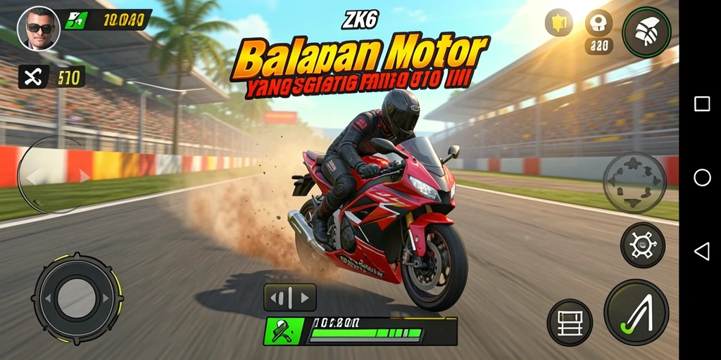 Screenshot gameplay ZK6 menampilkan aksi balapan motor yang mendebarkan.
